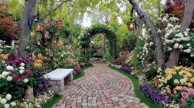 Trees surround a garden corner where a trellis supports climbing roses and greenery soft enclosure. photo