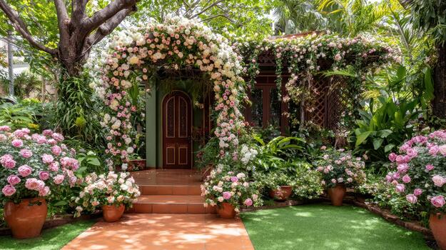 Trees surround a garden corner where a trellis supports climbing roses and greenery quiet arbor. photo