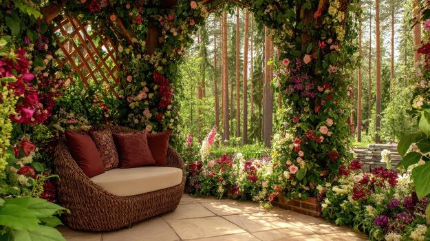 The garden corner is shaded and serene, with a trellis adding structure among the trees garden haven. photo