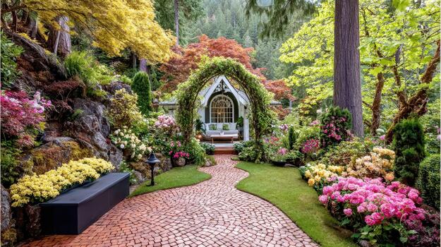 The garden corner is shaded and serene, with a trellis adding structure among the trees leafy corner. photo