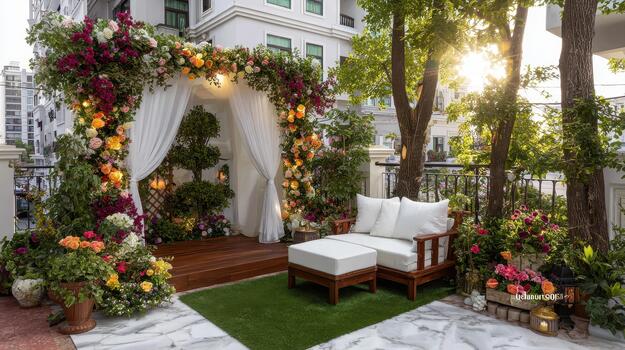 el jardín esquina invita relajación, con arboles rodeando un conducción de alpinismo floraciones frondoso esquina. foto