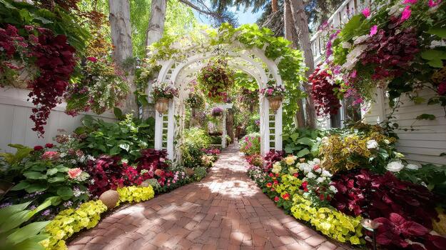 el jardín esquina siente aislado, enmarcado por arboles con un conducción secundario alpinismo plantas suave recinto. foto
