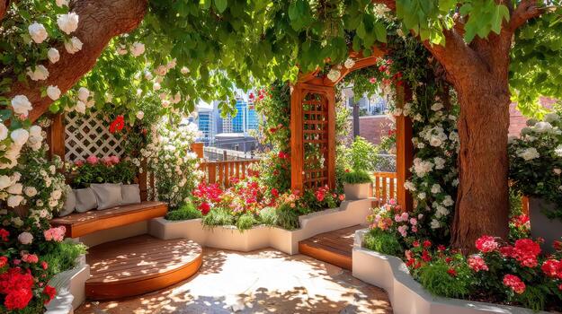 Trees surround the garden corner, while a trellis supports roses and other climbing plants soft enclosure. photo
