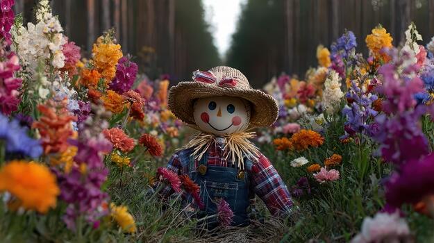 el espantapájaros soportes con orgullo en el medio de un vistoso campo de floreciente flores campo centinela. foto