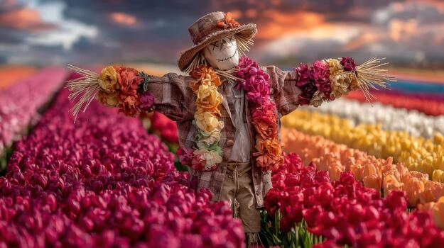 el espantapájaros soportes con orgullo en el medio de un vistoso campo de floreciente flores rústico mirar. foto