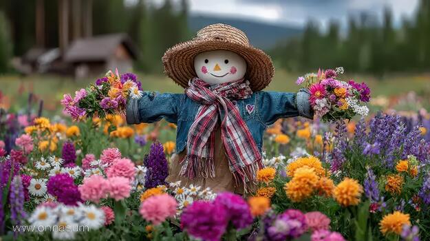 un alegre espantapájaros sube en el centrar de un campo lleno con vibrante flores campo centinela. foto