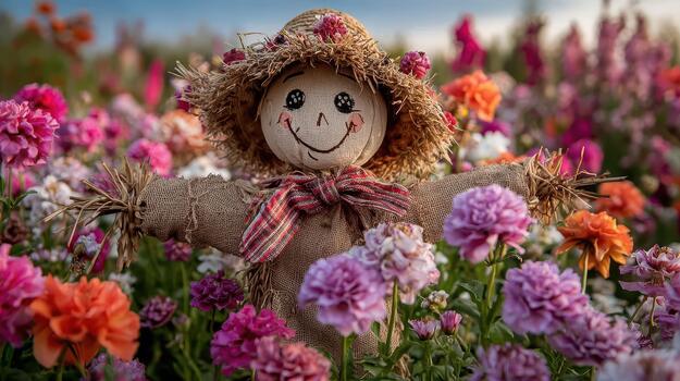 A cheerful scarecrow rises in the center of a field filled with vibrant blossoms rustic watch. photo