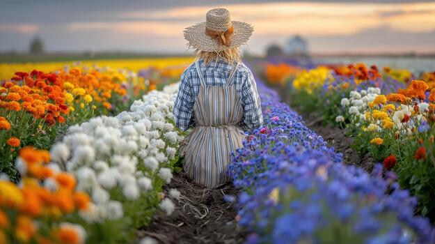 el espantapájaros soportes tranquilamente en medio de un amplio campo de suave, vistoso flores campo centinela. foto