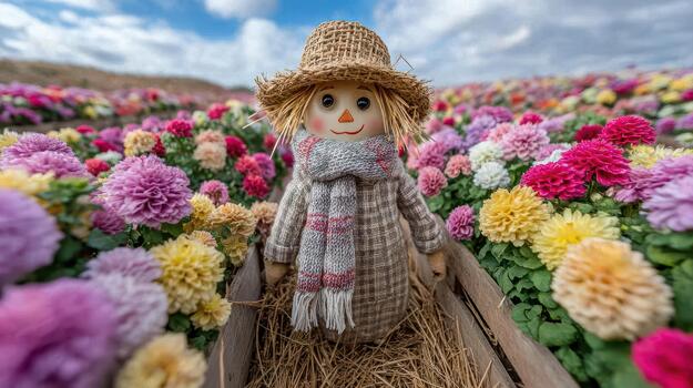 el espantapájaros soportes tranquilamente en medio de un amplio campo de suave, vistoso flores rústico mirar. foto