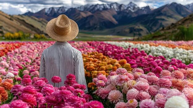 el espantapájaros soportes tranquilamente en medio de un amplio campo de suave, vistoso flores prado guardián. foto