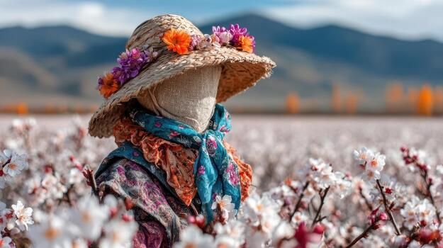 rodeado por flores, el espantapájaros soportes tranquilamente en el medio de el campo campo centinela. foto