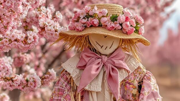 rodeado por flores, el espantapájaros soportes tranquilamente en el medio de el campo prado guardián. foto