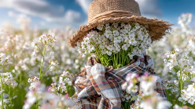rodeado por flores, el espantapájaros soportes tranquilamente en el medio de el campo rústico mirar. foto