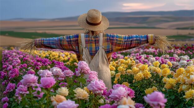 un campo de flores estiramientos alrededor el espantapájaros en pie a sus centrar rústico mirar. foto