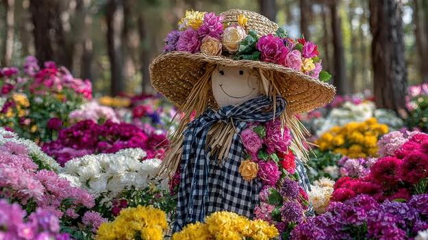 flores floración alrededor el espantapájaros, creando un vistoso, animado escena rústico mirar. foto