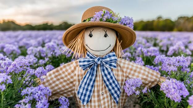 el espantapájaros soportes perfectamente en el medio de el animado flor campo prado guardián. foto