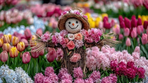flores floreciente alrededor el espantapájaros crear un suave, alegre escena campo centinela. foto