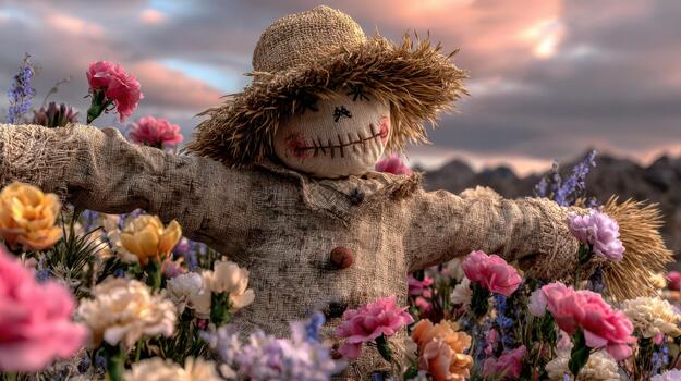 flores floreciente alrededor el espantapájaros crear un suave, alegre escena rústico mirar. foto