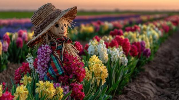 un espantapájaros soportes entre vistoso floraciones extensión a través de el campo campo centinela. foto