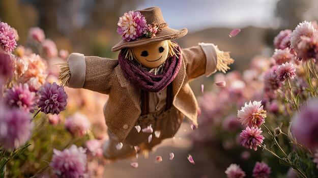 el espantapájaros sube suavemente encima flores balanceo en el calentar brisa campo centinela. foto