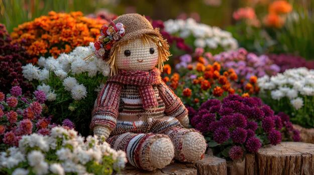 flores floreciente alrededor el espantapájaros crear un suave, alegre escena prado guardián. foto