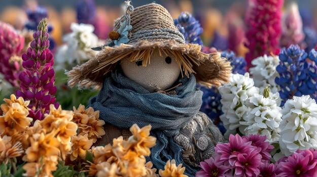 el espantapájaros soportes entre flores, agregando encanto a el vibrante campo campo centinela. foto