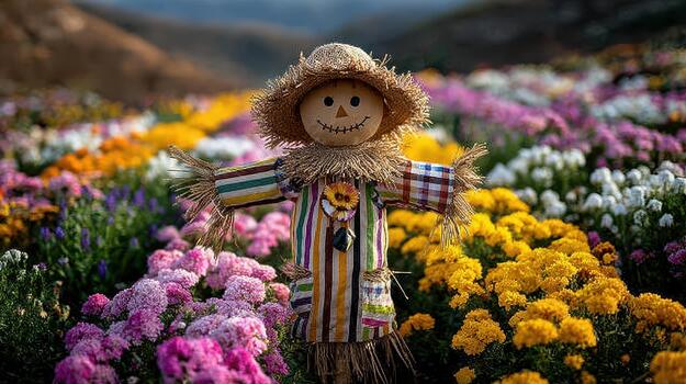 el espantapájaros soportes entre flores, agregando encanto a el vibrante campo rústico mirar. foto