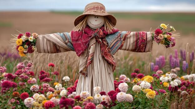 flores influencia alrededor el espantapájaros metido en el centrar de el campo prado guardián. foto