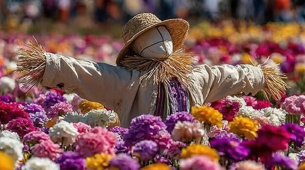 el espantapájaros aparece pacífico en el centrar de un vibrante flor campo campo centinela. foto