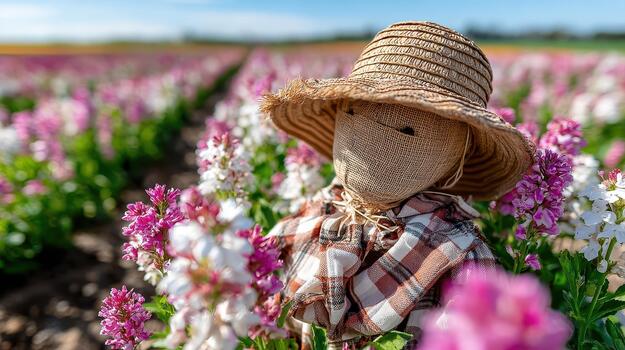 un amable brisa se mueve mediante el flores rodeando el espantapájaros campo centinela. foto