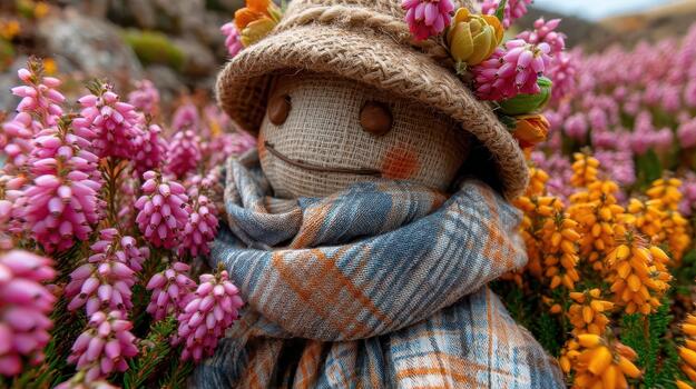 un amable brisa se mueve mediante el flores rodeando el espantapájaros rústico mirar. foto