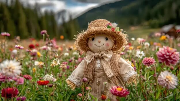 el espantapájaros soportes perfectamente en el medio de el animado flor campo campo centinela. foto