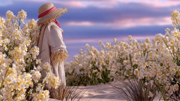 el espantapájaros soportes tranquilamente en el medio de el cierne flor campo campo centinela. foto
