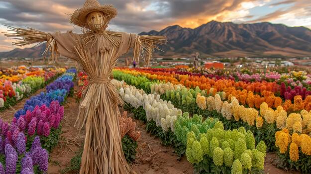 flores floración salvajemente alrededor el espantapájaros, relleno el campo con color campo centinela. foto