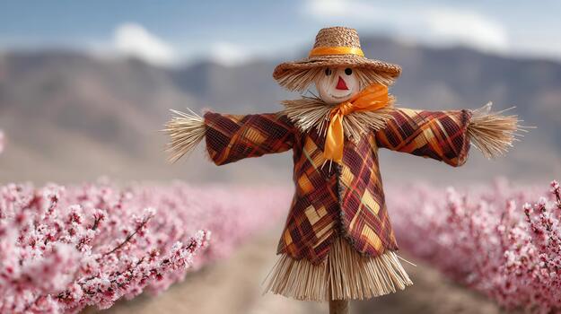 en un brillante campo de flores, el espantapájaros soportes como un tranquilo guardián rústico mirar. foto