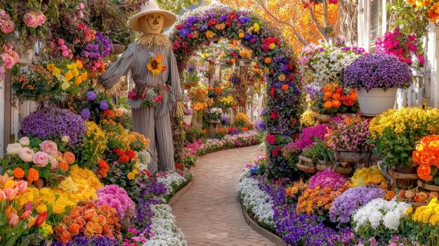 A scarecrow stands framed by flowers, creating a rustic, colorful view harvest hush. photo