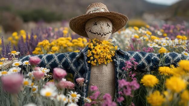 flores influencia alrededor el espantapájaros metido en el centrar de el campo cosecha Cállate. foto