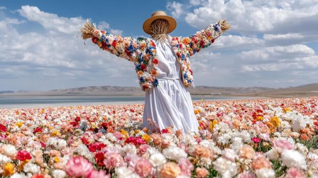 flores influencia alrededor el espantapájaros metido en el centrar de el campo rústico mirar. foto