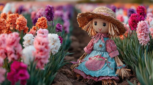 el espantapájaros mira terminado un campo lleno con vistoso, floreciente flores rústico mirar. foto