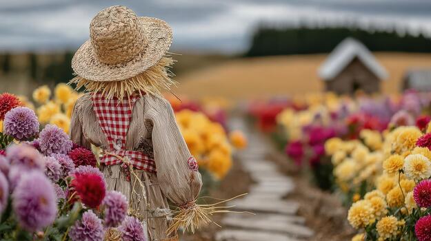 el espantapájaros mira terminado un campo lleno con vistoso, floreciente flores campo centinela. foto