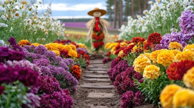 A scarecrow stands framed by flowers, creating a rustic, colorful view meadow guardian. photo