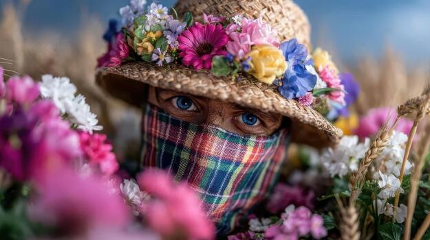 flores floración salvajemente alrededor el espantapájaros, relleno el campo con color rústico mirar. foto