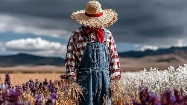 un espantapájaros sube encima el flores, en pie en el campos central Mancha rústico mirar. foto
