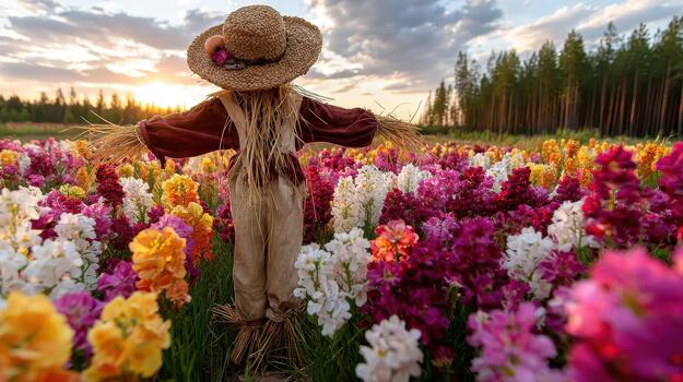 Blossoms fill the field around the scarecrow standing in the center field sentinel. photo