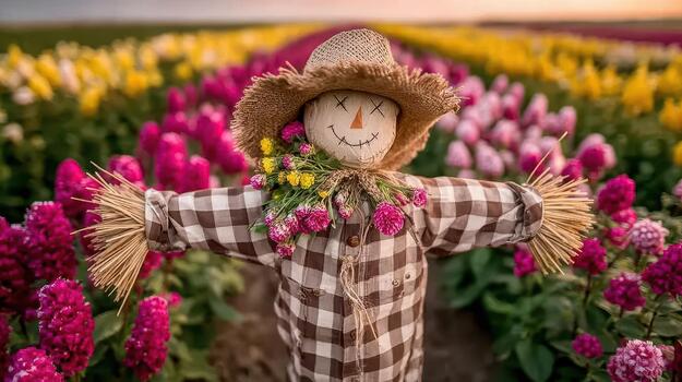 el espantapájaros es rodeado por flores ese tramo a través de el soleado campo rústico mirar. foto