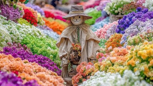 el espantapájaros soportes solo aún rodeado por miles de flores rústico mirar. foto