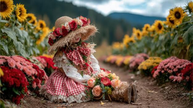 The scarecrow rests among flowers, creating a charming countryside scene field sentinel. photo