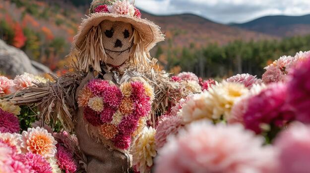 el espantapájaros soportes en el campos corazón, rodeado por vívido floraciones campo centinela. foto