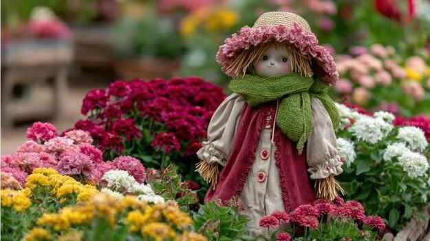 el espantapájaros soportes en brillante colores como flores floración todas alrededor eso campo centinela. foto