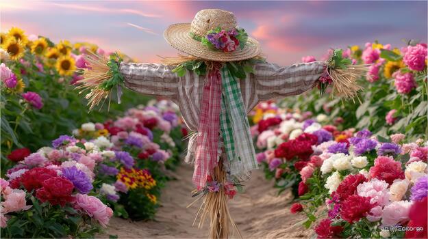 el espantapájaros soportes en el campos corazón, rodeado por vívido floraciones rústico mirar. foto